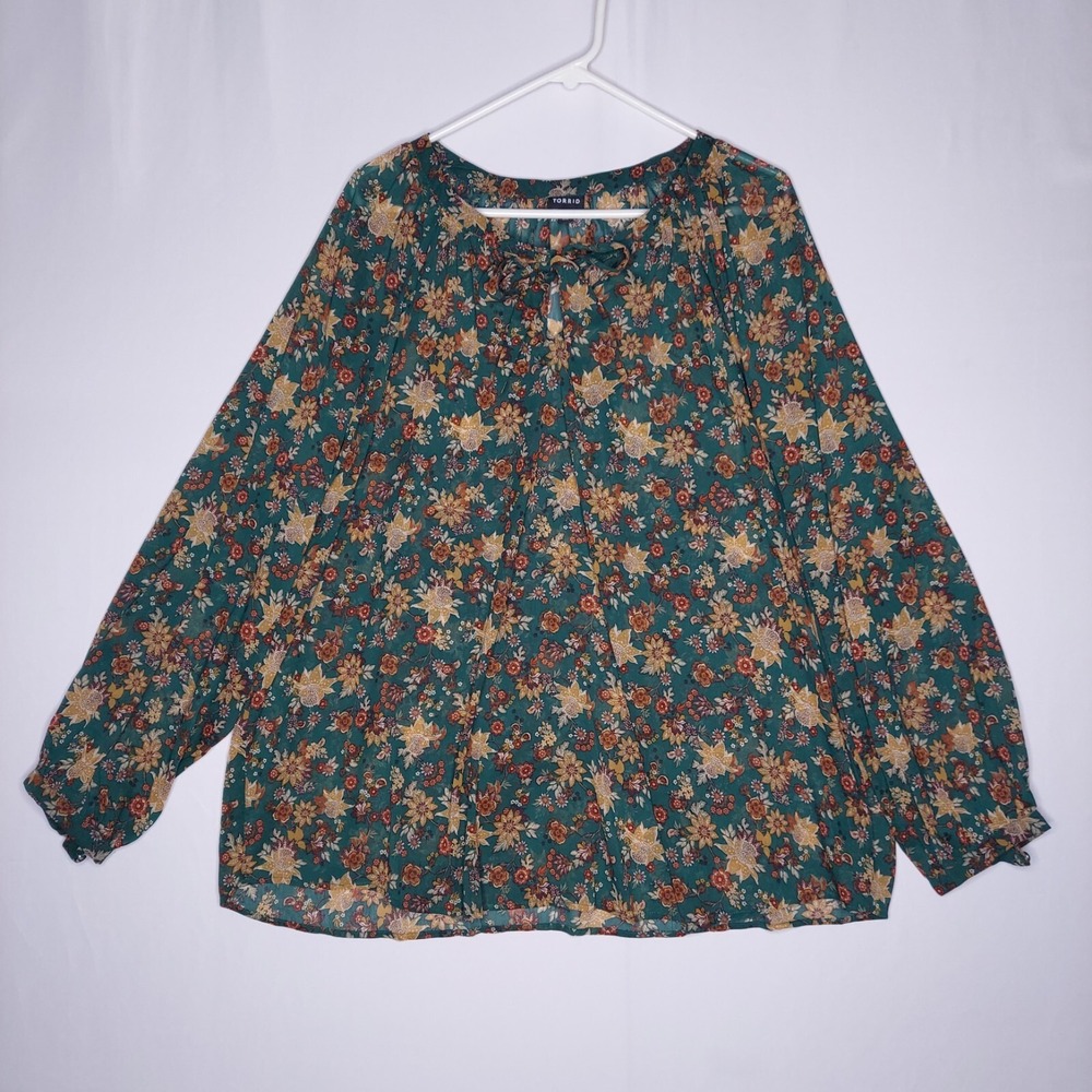 Torrid Top Women‎ 3X Green Tan Floral Tie Neck Long Puff Sleeve Chiffon Peasant